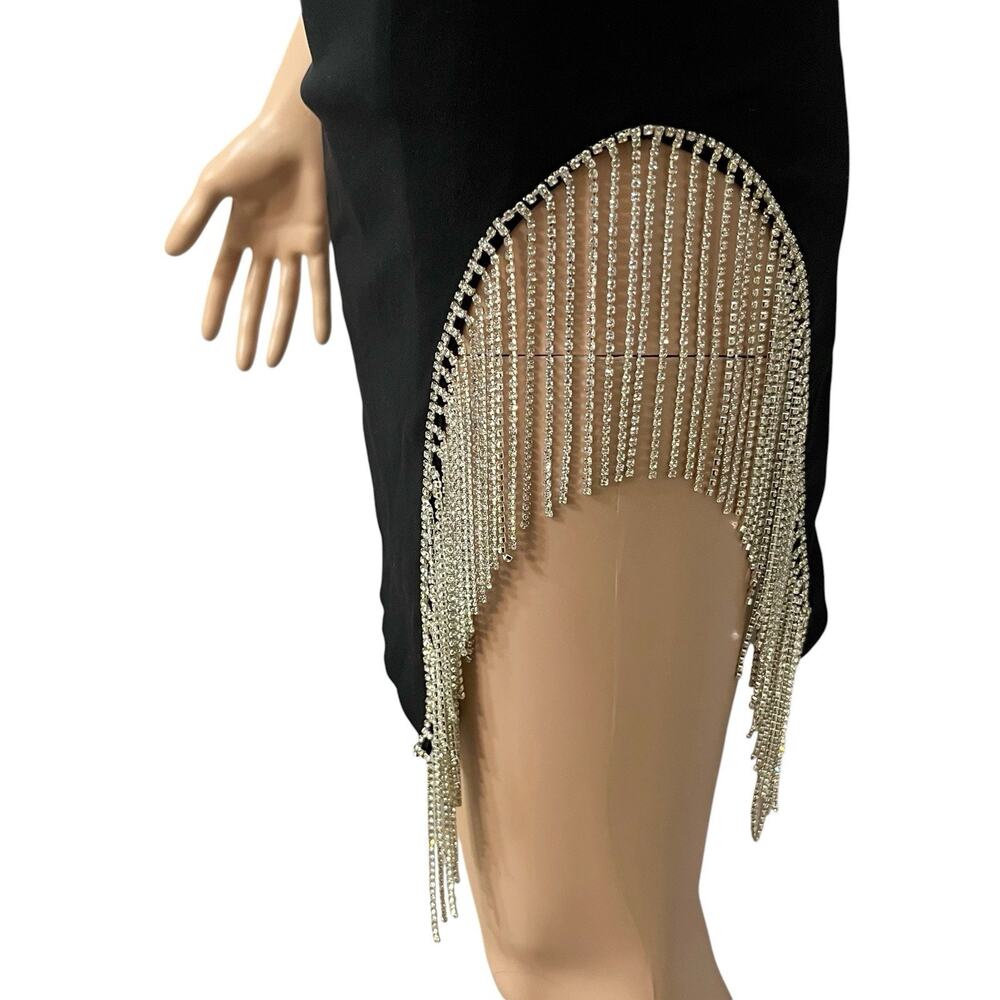 White Fox Come Back Mini Dress Small Rhinestone Fringe Bodycon Club Party Slit - Picture 4 of 11